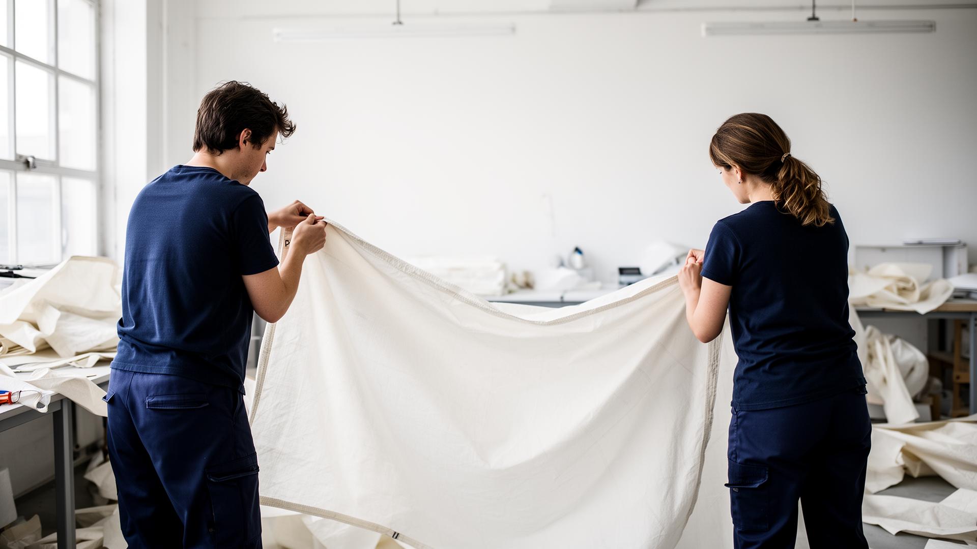 Dos personas plegando una vela blanca en el taller